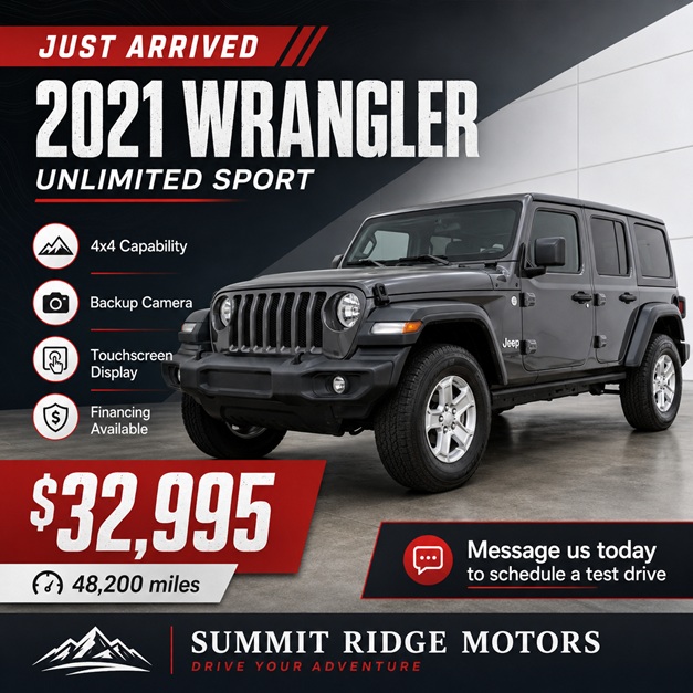 Sample dealership social media post for a 2021 Jeep Wrangler Unlimited Sport